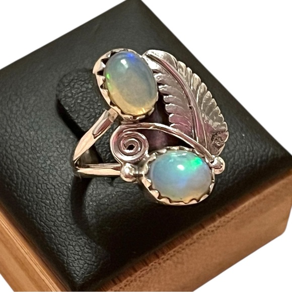 Amazing Huge Double Ethiopian Opal Leaf Design Sterling Silver Ring Size 6 - Picture 3 of 13